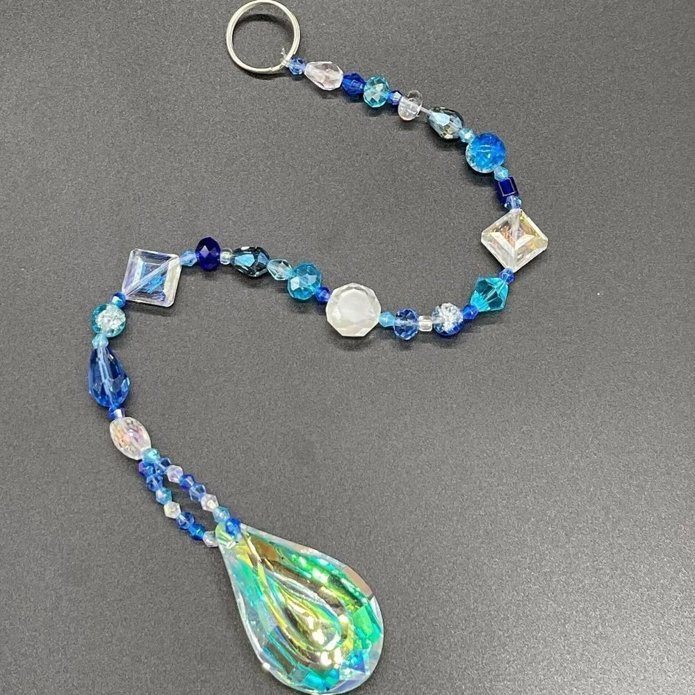 Blue Beaded Suncatcher - Clear Crystal Prism - Indoor Outdoor Hanging Decor
